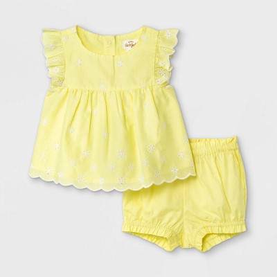 Image of Baby Girls' Eyelet Bloomer Top & Bottom Set - Cat & Jack™ Light Yellow Newborn