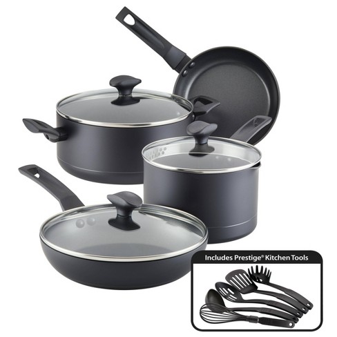 Hamilton Beach Cookware Set, 10-Pieces, Pots, Pans, and Glass Lids,  Nonstick PFOA-Free, PTFE-Free Ceramic Interior, Heavy-Duty Aluminum  Construction