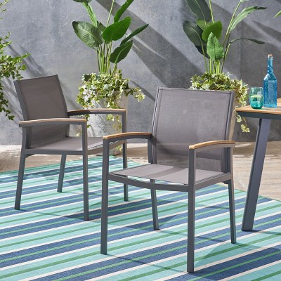 Gray and Natural Aluminum Outdoor Dining Chairs with Faux Wood Arms, Set of 2