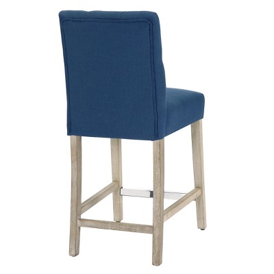 Blue Linen Tufted Bar Stool with Wood Legs, Set of 2