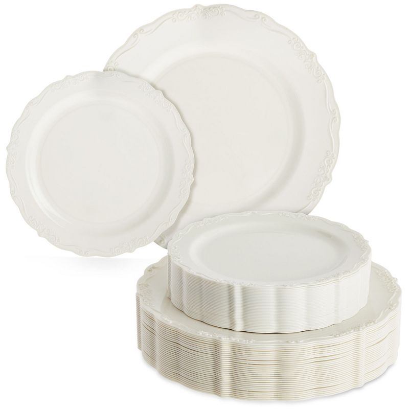 Sparkle and Bash Set of 60 Cream Plastic Plates, Elegant Vintage Design for Party, Weddings (30 Dinner Plates, 30 Appetizer Plates), 1 of 10
