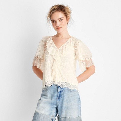 Women's Short Sleeve V-Neck Lace Blouse - Future Collective Cream M