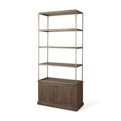 HomeRoots 42" Antiqued Brass And Brown Distressed Metal and Solid Wood Four Tier Bookcase with Two Doors