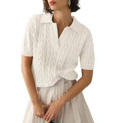 Womens Short Sleeve Sweater Tops Polo Collar Sweater Knitted Tops Cable Knit Sweater