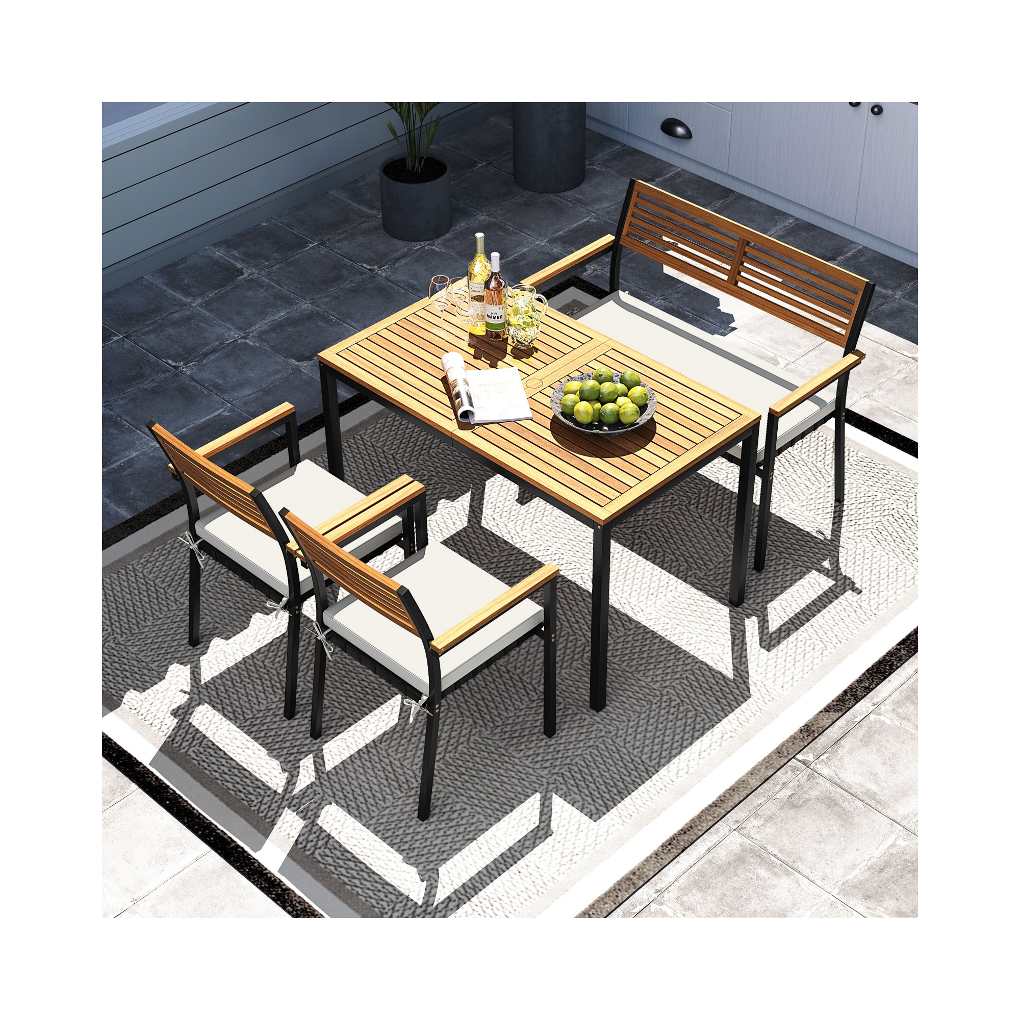 Costway 4 PCS Patio Furniture Set with Acacia Wood & Metal Frame Umbrella 1 table