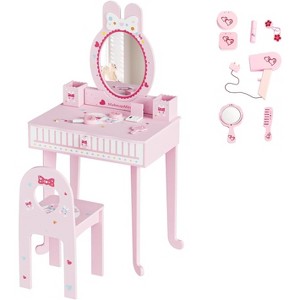 JOYMOR Kids Vanity Set with 7 pcs Makeup, 2-in-1 Table & Chair with Mirror, Drawer & Storage Box (Pink) - 1 of 4