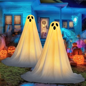 Joyfy 2 Pack 47'' Halloween Standing Ghost Outdoor Decoration,  White Ghost with Warm String Light Haunted House Prop for Garden Yard Porch Lawn Decor - 1 of 4