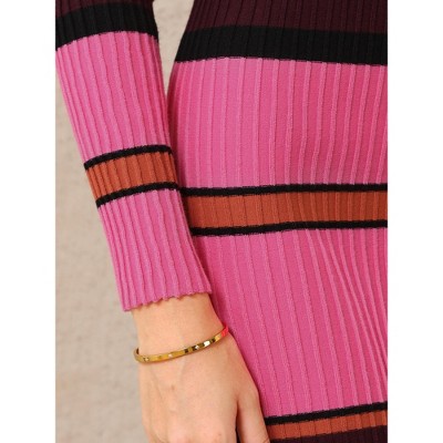 Женские платья INSPIRE CHIC Women's Striped Long Sleeve Casual Work Ribbed Knit Bodycon Sweater Dress Fushcia X-Large — фото 3
