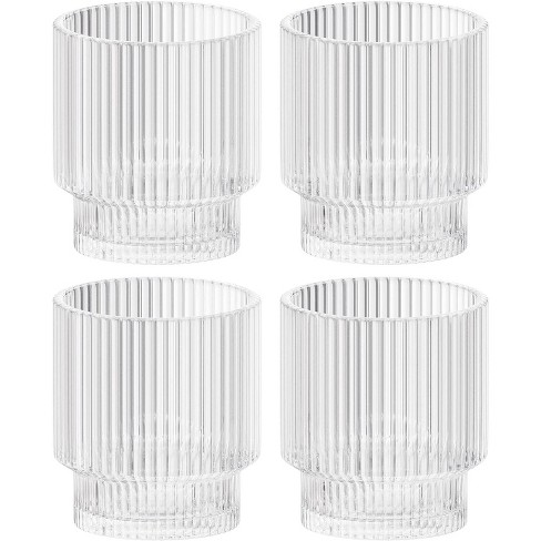 American Atelier Vintage Art Deco 9 oz. Fluted Drinking Glasses Set of 4,  Old Fashion Tumbler for Cocktails, Ribbed Lowball Glass Cup, Clear