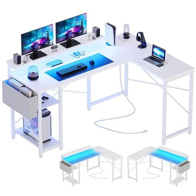 L Shaped Computer Gaming Desk with Power Outlet & LED Light