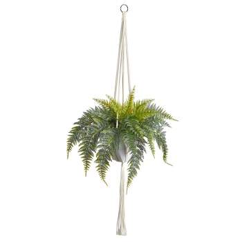 Nearly Natural 25-in Fern Hanging Artificial Plant in Decorative Basket