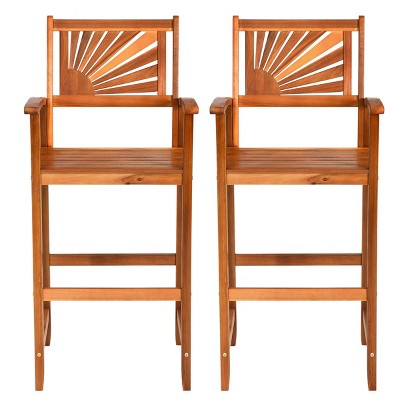 Tangkula Set of 2 Acacia Wood Outdoor Patio Bar Stool with Footrest&Backrest&Armrest