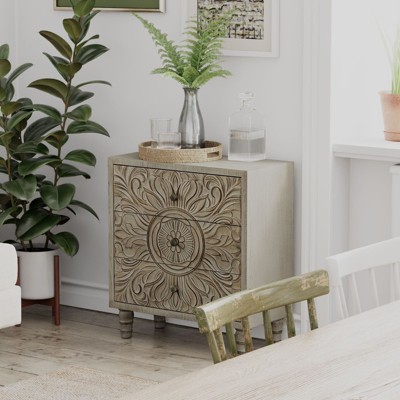 JIONJOY Boho Floral Nightstand - Distressed White 3-Drawer Dresser with Embossed Flower Design