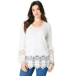 Roaman's Women's Plus Size Fine Gauge Lace Pullover Sweater - 1 of 4