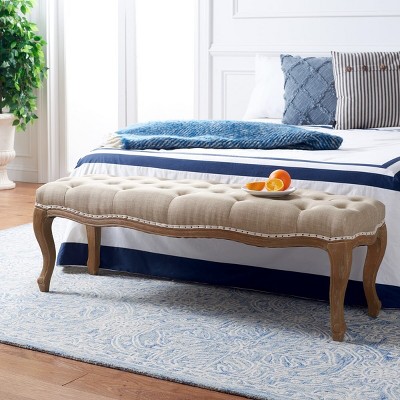 Transitional Beige Linen and Oak Tufted Bench