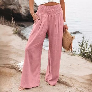 Coolmee Women's High Waisted Cotton Linen Palazzo Pants Wide Leg Long Lounge Pant Trousers with Pocket - 1 of 4