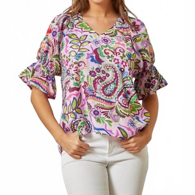 Women's Floral Embroidery Paisley Print Blouse - Savanna Jane