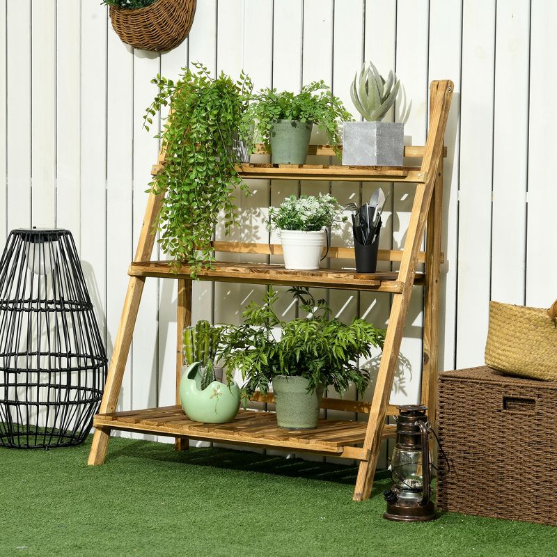 Outsunny Outdoor Plant Stand, Foldable Flower Stand 3-Tier Wooden Plant Shelf for Garden Indoor Outdoor, 3 of 7