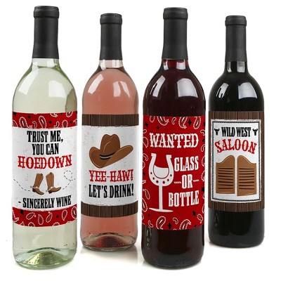 Big Dot of Happiness Western Hoedown - Wild West Cowboy Party Decorations for Women and Men - Wine Bottle Label Stickers - Set of 4