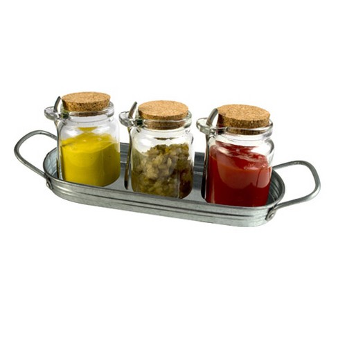 Artland Oasis Glass Condiment Jar with Spoon and Tray, Set of 3