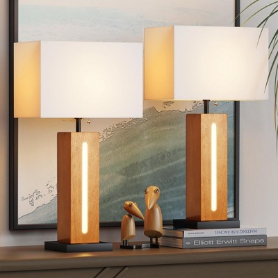 ROTTOGOON Table Lamps Set of 2, Dimmable Farmhouse Square Wood Grain Nightstand Lamps with Linen Shades for Living Room Bedroom