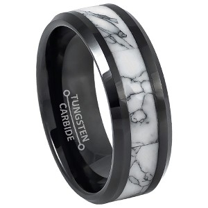Jewelry Avalanche 8mm Beveled Black IP White Turquoise Inlay Tungsten Carbide Mens Wedding Band - 1 of 4