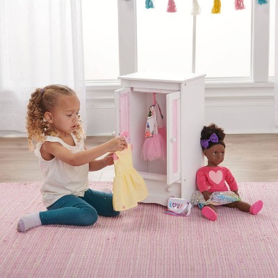 White and Pink Gingham Doll Armoire with MDF and Wood