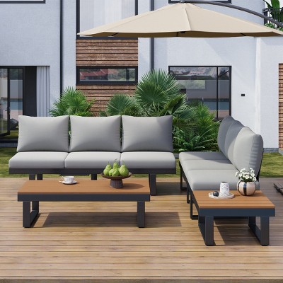 4-Piece Outdoor Seating Set, Sectional Sofa with Coffee Table and Adjustable Reclining Seats, Metal Sofa with Foam Cushions-Coolbibila