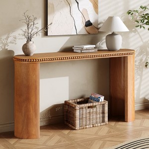 Vintage Console Table with Beaded Trim and Reversible Curved Legs, Natural Wood Veneer Entryway Accent Table for Hallway or Behind Sofa - 1 of 4