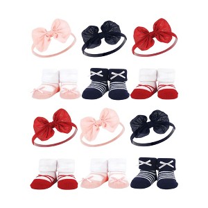 Hudson Baby Infant Girl 12Pc Headband and Socks Giftset, Red Navy Bows, One Size - 1 of 2
