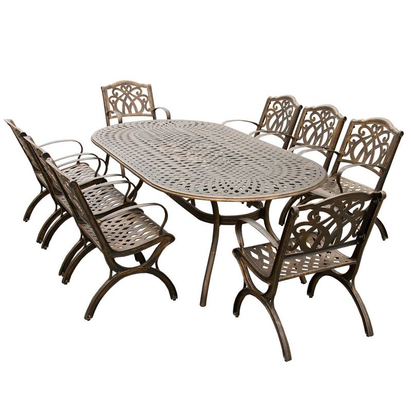 9pc Patio Dining Set with 95&#34; Modern Mesh Lattice Aluminum Oval Table &#38; Arm Chairs - Bronze - Oakland Living, 1 of 9
