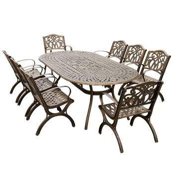 9pc Patio Dining Set with 95" Modern Mesh Lattice Aluminum Oval Table & Arm Chairs - Bronze - Oakland Living