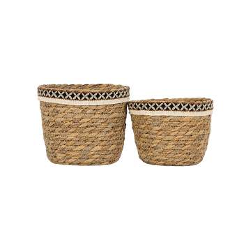 Set of 2 Embroidered Rim Baskets Natural Seagrass & Jute by Foreside Home & Garden