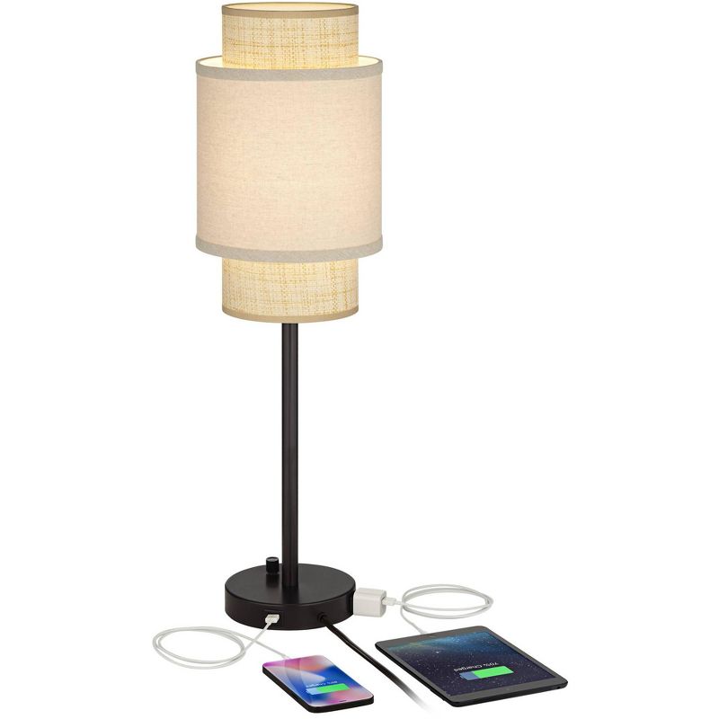 360 Lighting Tull 27" Tall Modern Table Lamps Set of 2 USB Port AC Power Outlet Black Brown Metal Living Room Charging Bedroom Tan Tiered Shade, 3 of 10