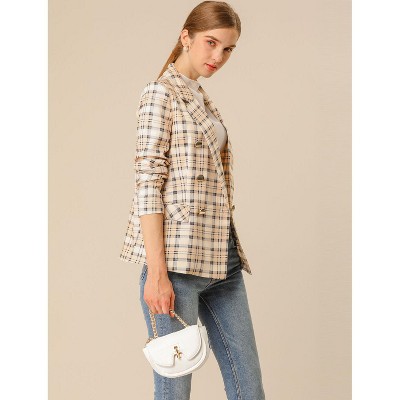 INSPIRE CHIC Women's Notched Lapel Double Breasted Plaid Formal Blazer Apricot X-Large — фото 3