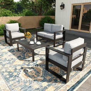 LayinSun 4 Pieces Aluminum Outdoor Patio Furniture Set, Metal Modern Conversation Sofa Set with Coffee Table and Washable Thick Cushions - 1 of 4