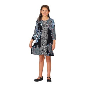 24seven Comfort Apparel Black Multiprint Knee Length Girls Fall Dress - 1 of 4