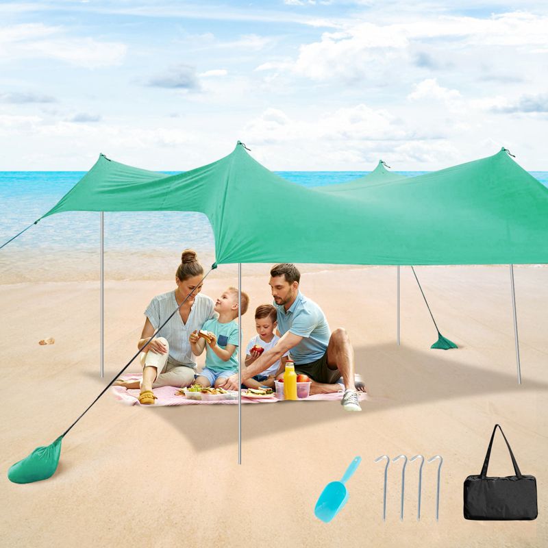 Costway Family Beach Tent Canopy w/4 Poles Sandbag Anchors 10'x9' UPF50+ Purple/Green/Blue, 1 of 11