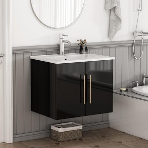 ORRD 24" Black Gloss Bathroom Vanity with Ceramic Sink, Double Soft-Close Doors & Gold Long Handle, Wall-Mounted Cabinet - 1 of 4