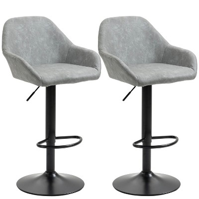 Grey PU leather adjustable bar stools set of 2, swivel bar stool with footrest and backrest