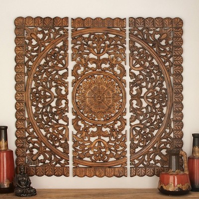 Wood Floral Handmade Intricately Carved Wall Decor Set of 3 - Olivia & May: Traditional Mandala, Vertical Display