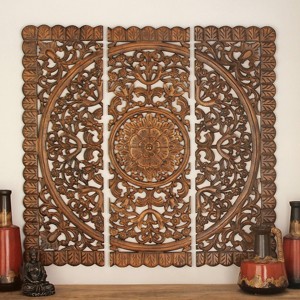 Wood Floral Handmade Intricately Carved Wall Decor Set of 3 - Olivia & May: Traditional Mandala, Vertical Display - 1 of 4
