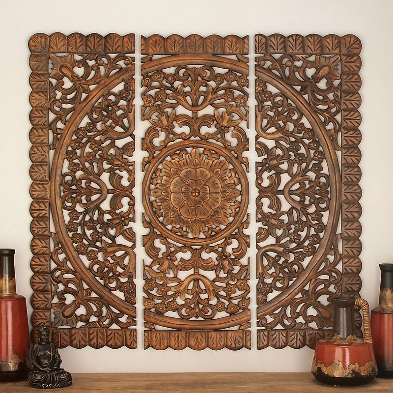 Wood Floral Handmade Intricately Carved Wall Decor with Mandala Design Set of 3 Brown - Olivia &#38; May, 3 of 19