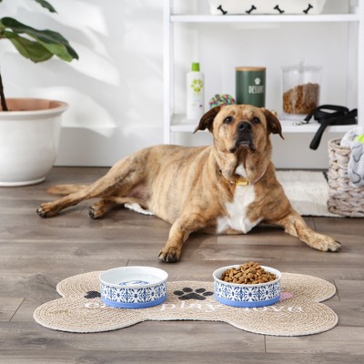 Blue Tile Medium Ceramic Pet Bowls with Non-Slip Base, Set of 2