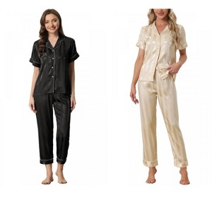 INSPIRE CHIC Women's 4 Pcs Satin Short-Sleeve Button-Up Sleepwear & Long-Pants Pajama Set - 1 of 4