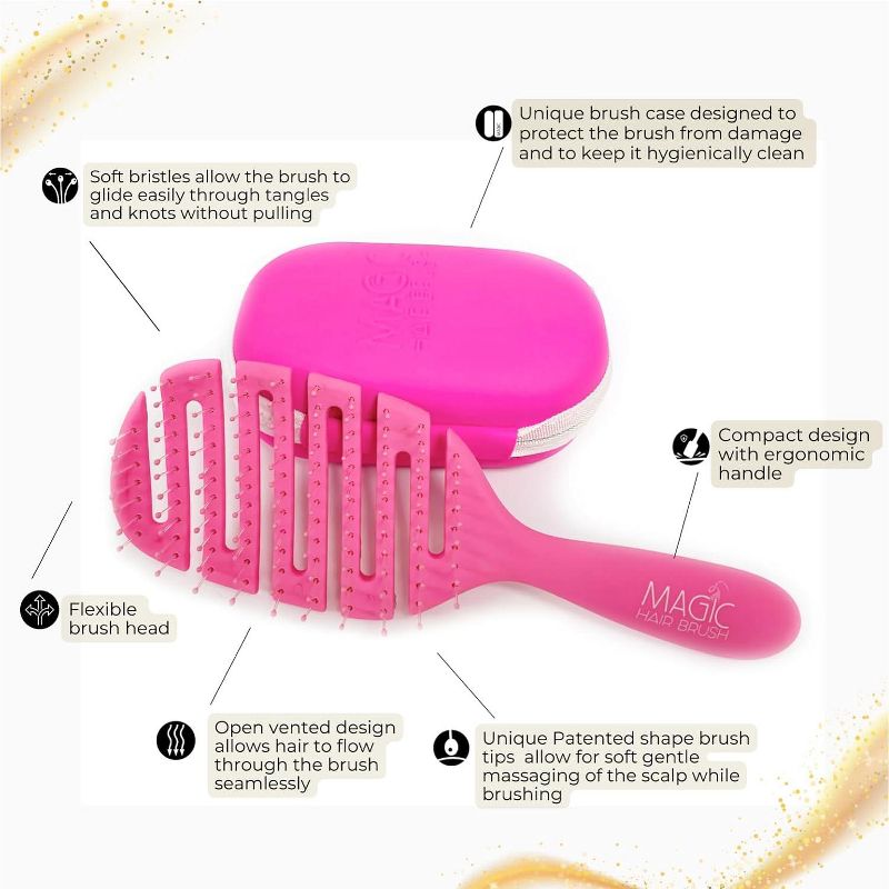Magic Hair Brush Sports Pink, Professional Flexible Vented Hairbrush For Detangling w/ Case - Pink, 3 of 8