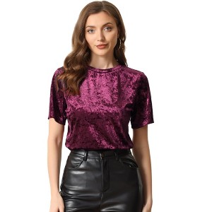 INSPIRE CHIC Women's Regular Fit Velvet Solid Round Neck Short Sleeve T-Shirt - 1 of 4