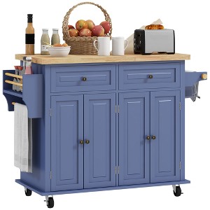 HOMCOM Kitchen Island on Wheels, Rolling Cart with Rubber Wood Top, Spice Rack, Towel Rack & Drawers for Dining Room - 1 of 4