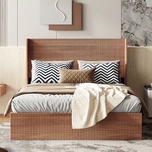 Queen Size Wooden Storage Bed with Headboard for Bedroom or Apartment - 1 of 4