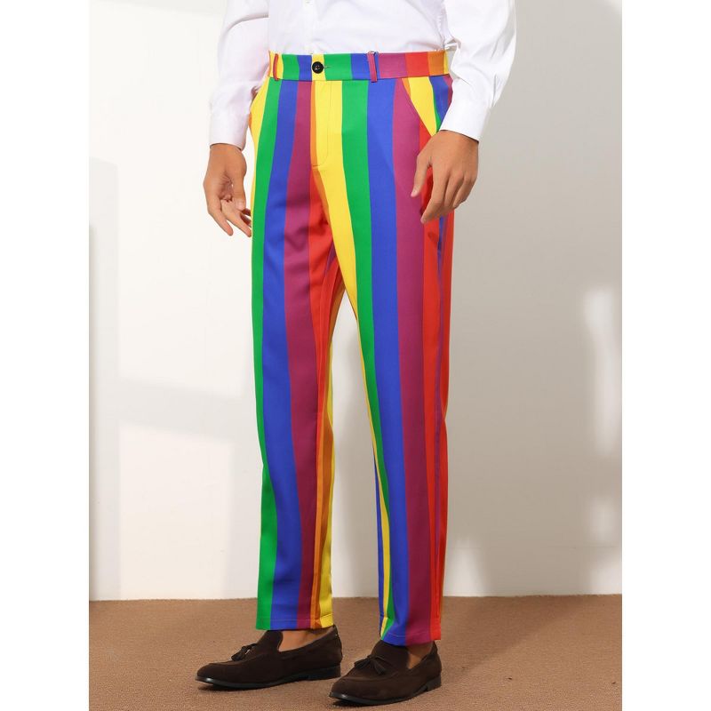 Lars Amadeus Men's Regular Fit Flat Front Color Block Rainbow Striped Trousers, 2 of 6